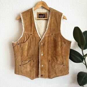 VTG Kingsport Suede Leather Sherpa Lined Vest Large Western Boho 70s Ranch Snap